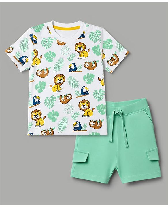 Babyhug Single Jersey Knit Half Sleeves T-Shirt & Shorts Set Animal Print - Green