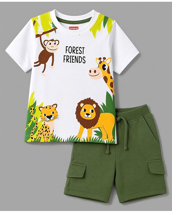 Babyhug 100% Cotton Single Jersey Knit Half Sleeves T-Shirt & Shorts With Animal Print - White