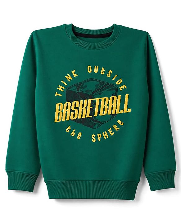Pine Kids Cotton Knit Sweatshirt with Full Sleeves and Basketball Text Print - Green