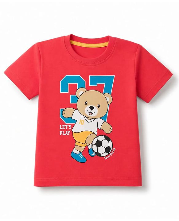 Babyhug 100% Cotton Knit Half Sleeves Bear Printed T-Shirt & Shorts Set With Patch - Red & Blue