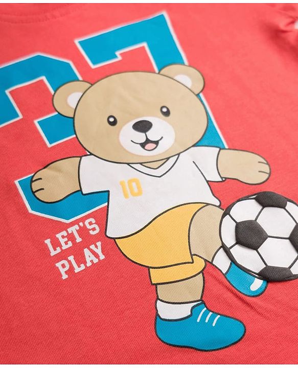 Babyhug 100% Cotton Knit Half Sleeves Bear Printed T-Shirt & Shorts Set With Patch - Red & Blue