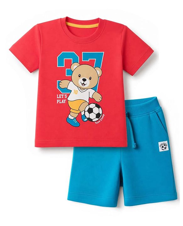 Babyhug 100% Cotton Knit Half Sleeves Bear Printed T-Shirt & Shorts Set With Patch - Red & Blue