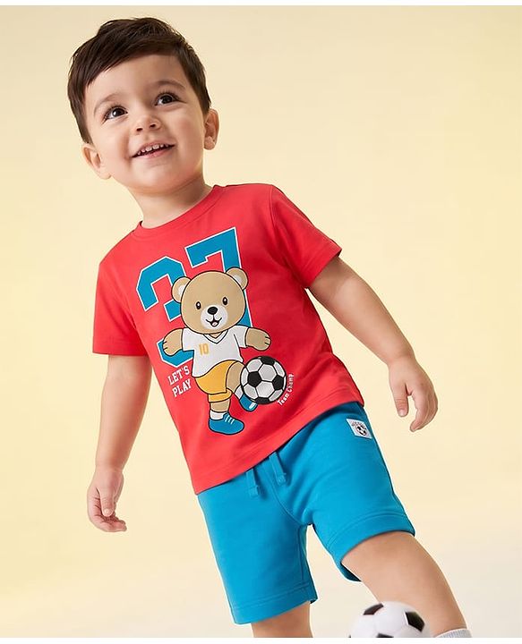 Babyhug 100% Cotton Knit Half Sleeves Bear Printed T-Shirt & Shorts Set With Patch - Red & Blue