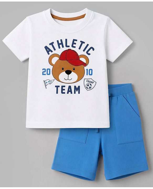 Babyhug Single Jersey Knit Half Sleeves T-Shirt & Shorts Set Teddy Print - White & Blue