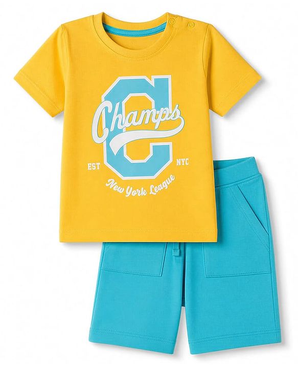Babyhug 100% Cotton Knit Half Sleeves Text Printed T-Shirt & Shorts Set - Yellow & Blue