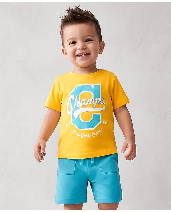 Babyhug 100% Cotton Knit Half Sleeves Text Printed T-Shirt & Shorts Set - Yellow & Blue