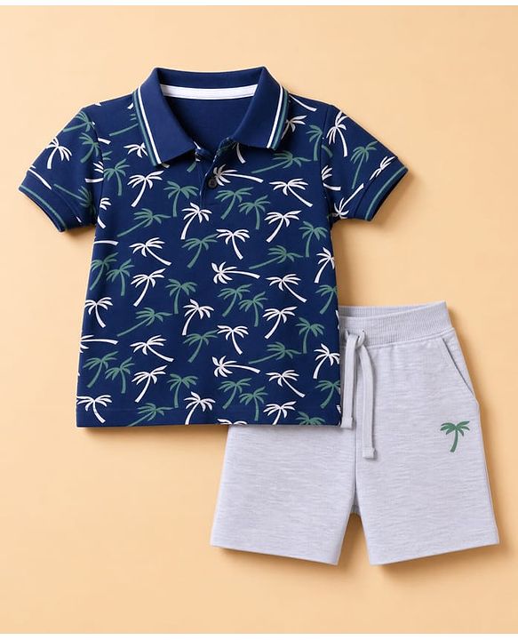 Babyhug 100% Cotton Single Jersey Knit Half Sleeves T-Shirt & Shorts With Plam Tree Print - Navy Blue & Grey