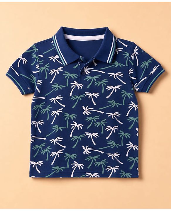 Babyhug 100% Cotton Single Jersey Knit Half Sleeves T-Shirt & Shorts With Plam Tree Print - Navy Blue & Grey