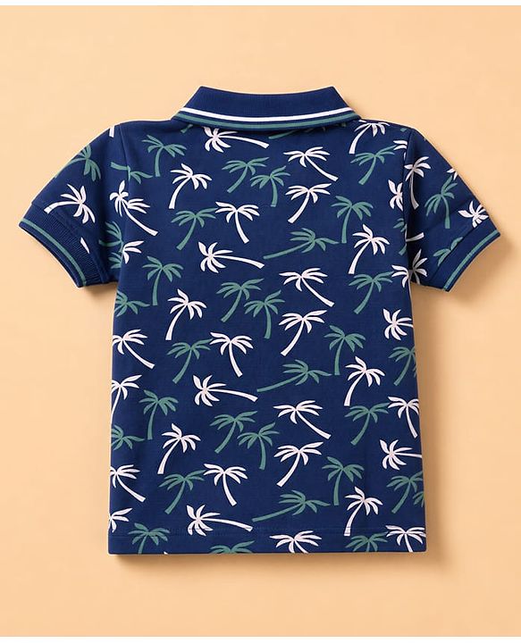 Babyhug 100% Cotton Single Jersey Knit Half Sleeves T-Shirt & Shorts With Plam Tree Print - Navy Blue & Grey