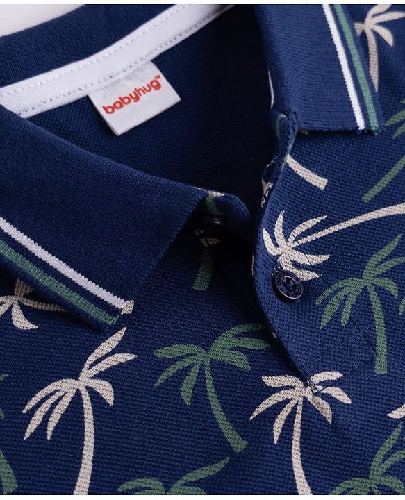 Babyhug 100% Cotton Single Jersey Knit Half Sleeves T-Shirt & Shorts With Plam Tree Print - Navy Blue & Grey
