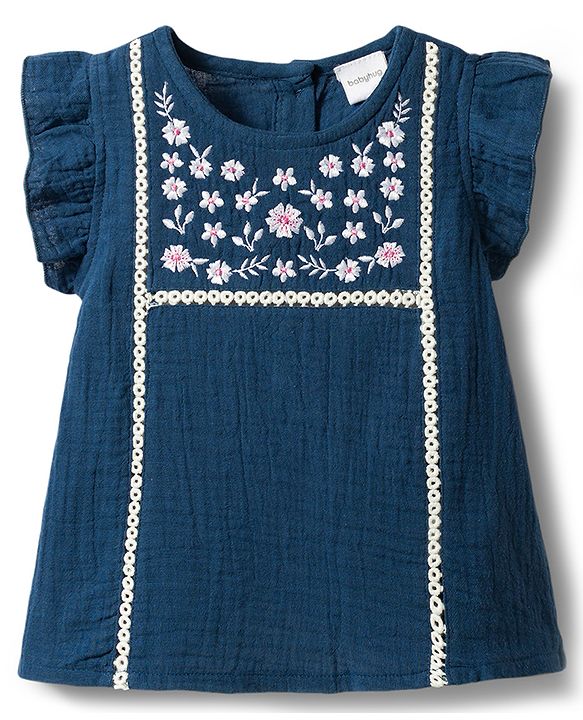 Babyhug Cotton Woven Frill Sleeves Top with Floral Embroidery Multi Color 6-9 Months