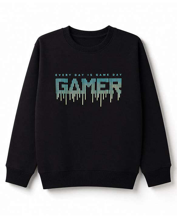 Pine Kids Cotton Knit Sweatshirt with Full Sleeves and Gamer Text Print - Black