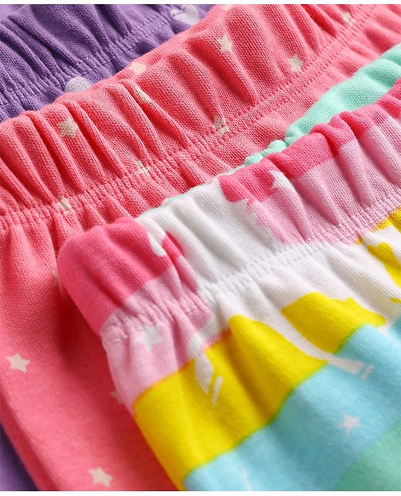 Babyhug 100% Cotton Interlock Knit Full Length Hearts Star & Unicorn Theme Printed Diaper Leggings Pack Of 3 - Multi Color