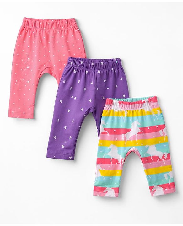Babyhug 100% Cotton Interlock Knit Full Length Hearts Star & Unicorn Theme Printed Diaper Leggings Pack Of 3 - Multi Color