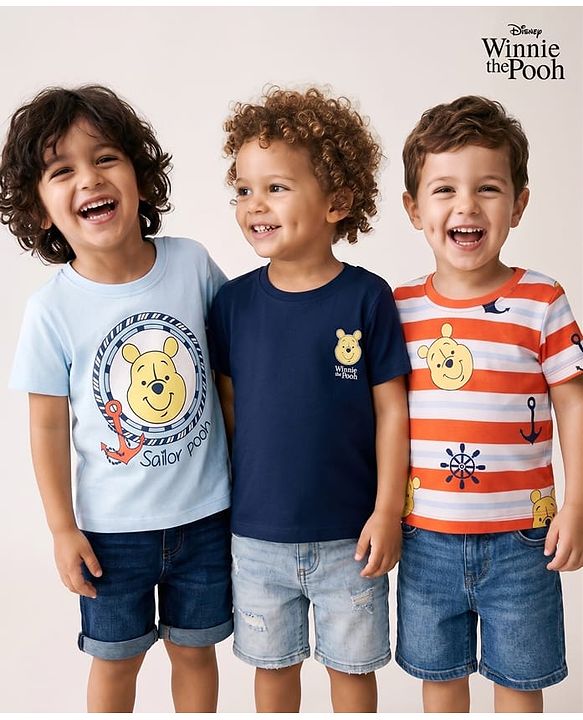 Babyhug Disney Cotton Knit Half Sleeves T-Shirt with Winnie the Pooh Print - Red & Blue