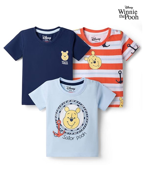 Babyhug Disney Cotton Knit Half Sleeves T-Shirt with Winnie the Pooh Print - Red & Blue