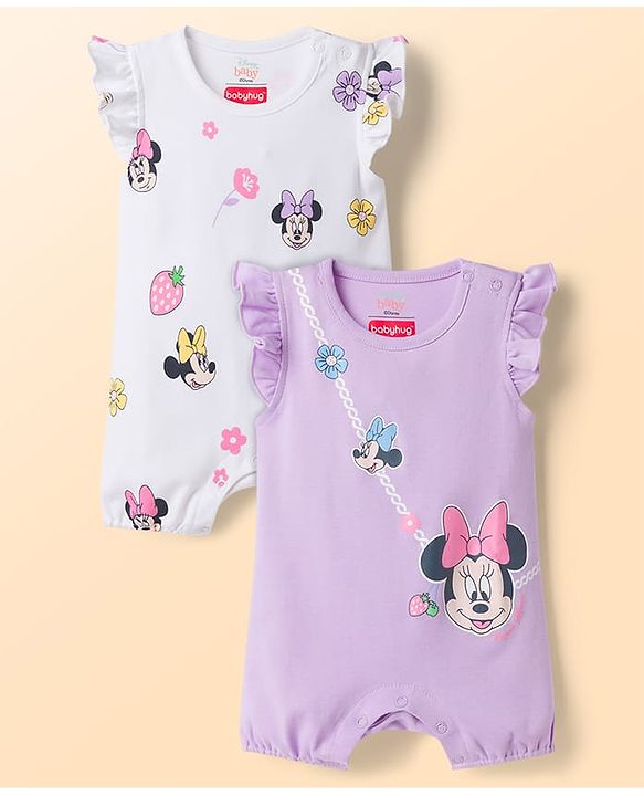 Babyhug Disney Interlock Knit Frill Sleeves Rompers with Minnie Mouse Graphics Pack of 2 - Multicolor
