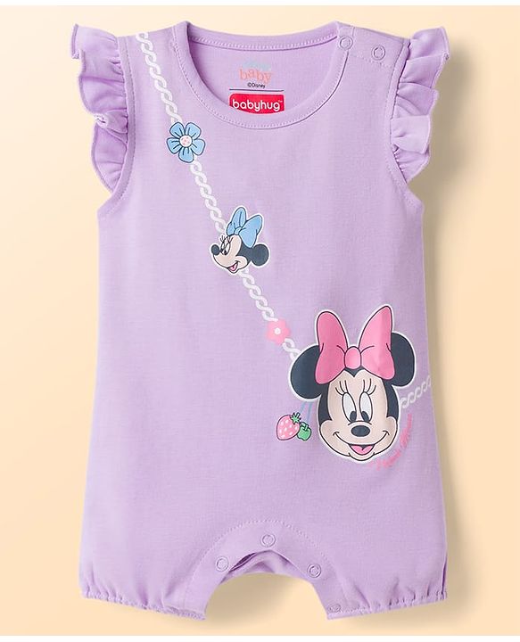 Babyhug Disney Interlock Knit Frill Sleeves Rompers with Minnie Mouse Graphics Pack of 2 - Multicolor