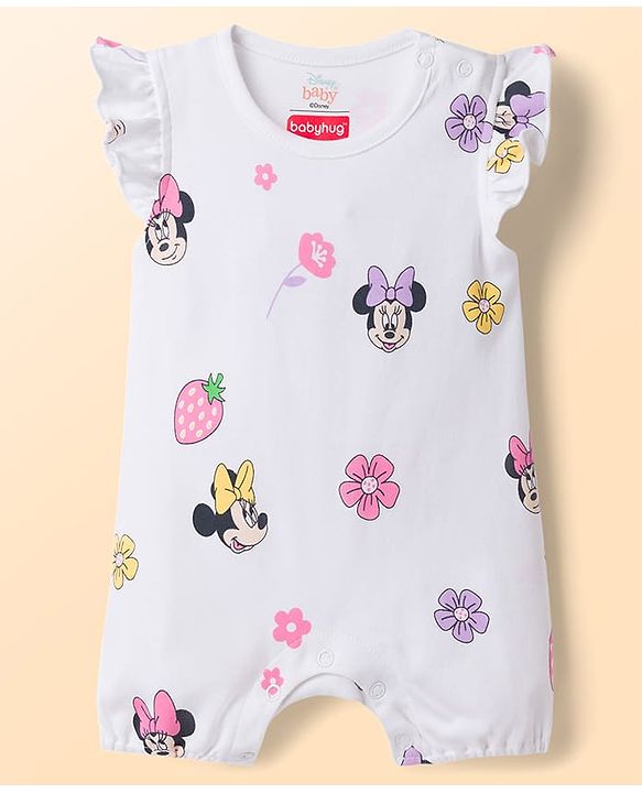 Babyhug Disney Interlock Knit Frill Sleeves Rompers with Minnie Mouse Graphics Pack of 2 - Multicolor