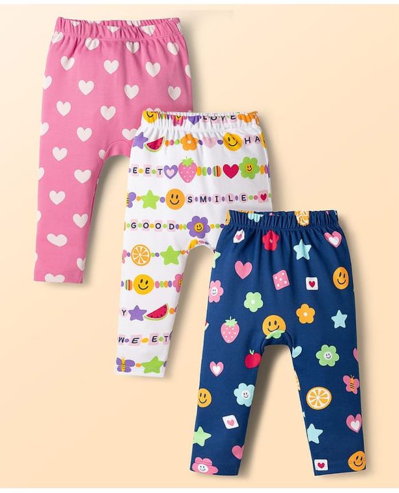 Babyhug Cotton Knit Full Length Diaper Leggings with Fruit & Heart Print Pack of 3 - Multicolor