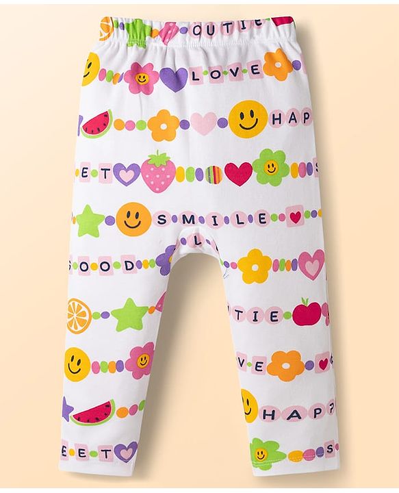 Babyhug Cotton Knit Full Length Diaper Leggings with Fruit & Heart Print Pack of 3 - Multicolor
