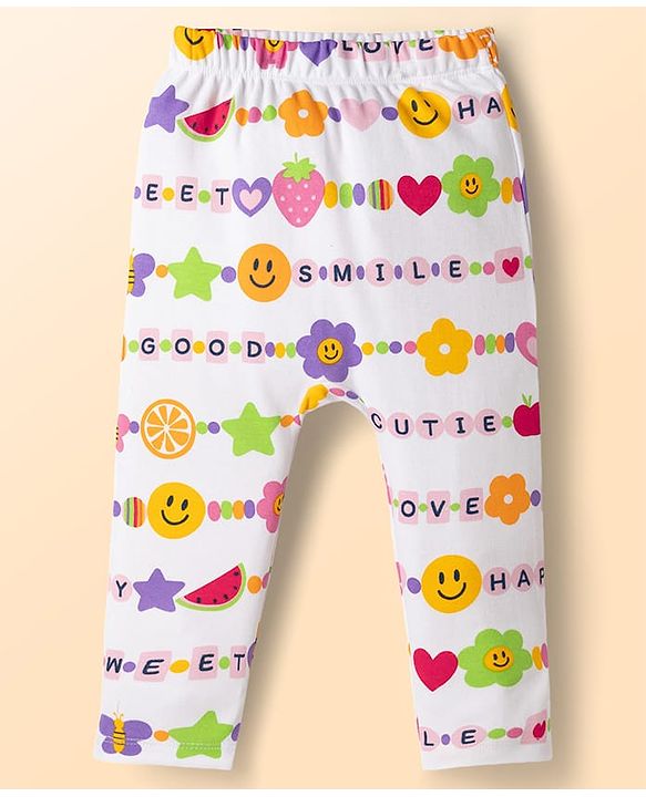 Babyhug Cotton Knit Full Length Diaper Leggings with Fruit & Heart Print Pack of 3 - Multicolor