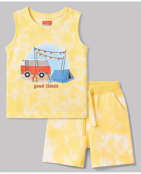Babyhug 100% Cotton Single Jersey Knit Sleeveless Tank T-Shirt & Shorts Set With Tie & Dye Effect & Van Print - Yellow