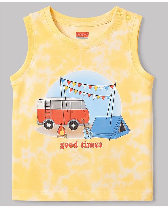 Babyhug 100% Cotton Single Jersey Knit Sleeveless Tank T-Shirt & Shorts Set With Tie & Dye Effect & Van Print - Yellow