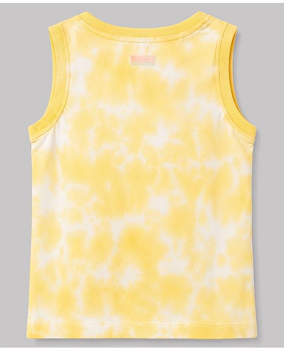 Babyhug 100% Cotton Single Jersey Knit Sleeveless Tank T-Shirt & Shorts Set With Tie & Dye Effect & Van Print - Yellow