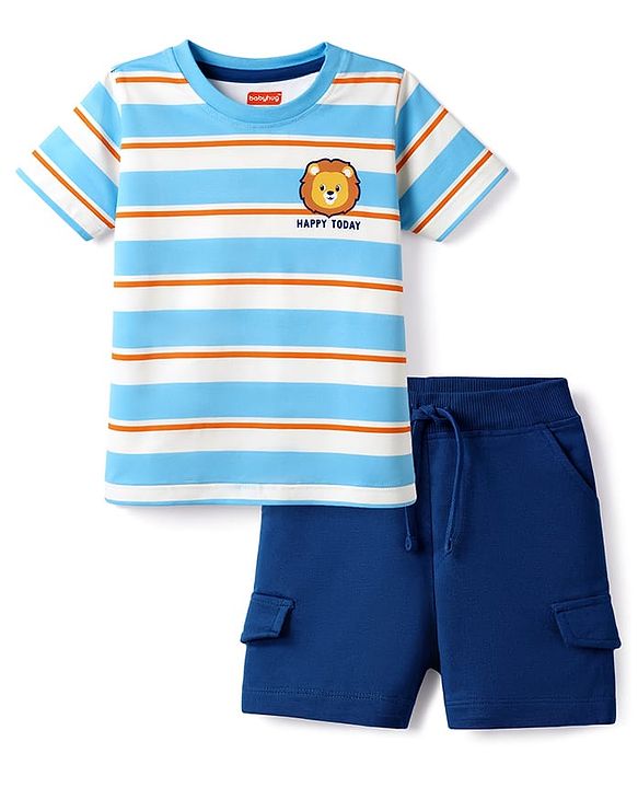 Babyhug 100% Cotton Single Jersey Knit Half Sleeves Striped T-Shirt & Shorts Set with Lion Print - Multicolor