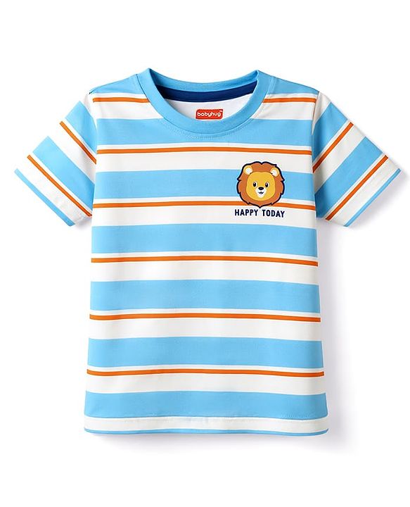 Babyhug 100% Cotton Single Jersey Knit Half Sleeves Striped T-Shirt & Shorts Set with Lion Print - Multicolor