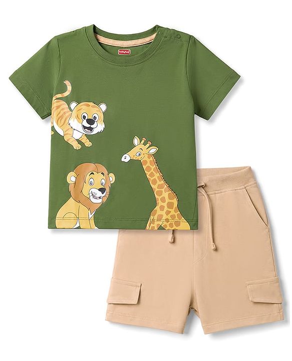 Babyhug Single Jersey Knit Half Sleeves T-Shirt & Shorts Set With Animal Print - Green & Brown