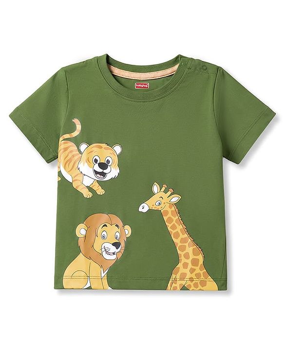 Babyhug Single Jersey Knit Half Sleeves T-Shirt & Shorts Set With Animal Print - Green & Brown