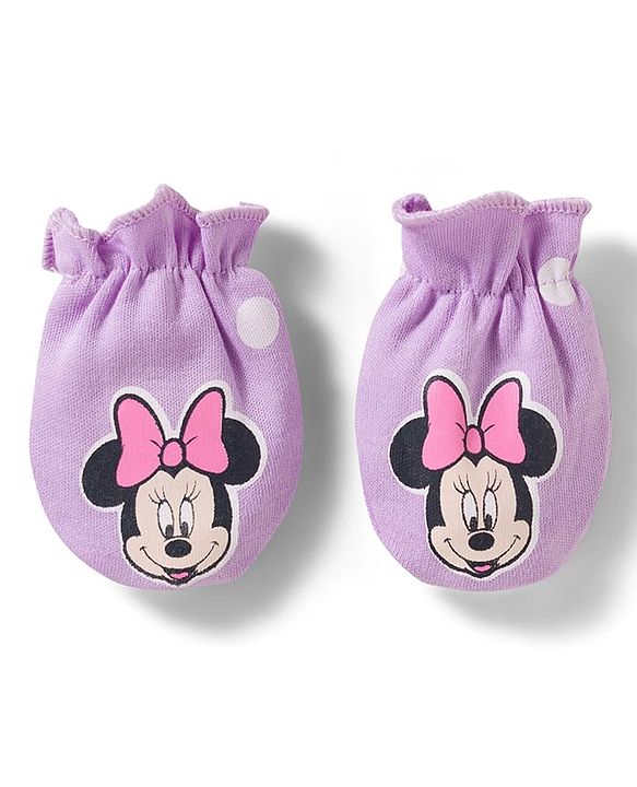 Babyhug Disney Interlock Knit Cap Mittens & Booties Set With Minnie Mouse Print Lavender - Diameter 15 cm