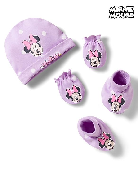 Babyhug Disney Interlock Knit Cap Mittens & Booties Set With Minnie Mouse Print Lavender - Diameter 15 cm