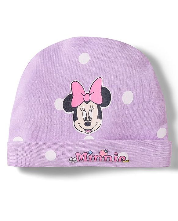 Babyhug Disney Interlock Knit Cap Mittens & Booties Set With Minnie Mouse Print Lavender - Diameter 15 cm