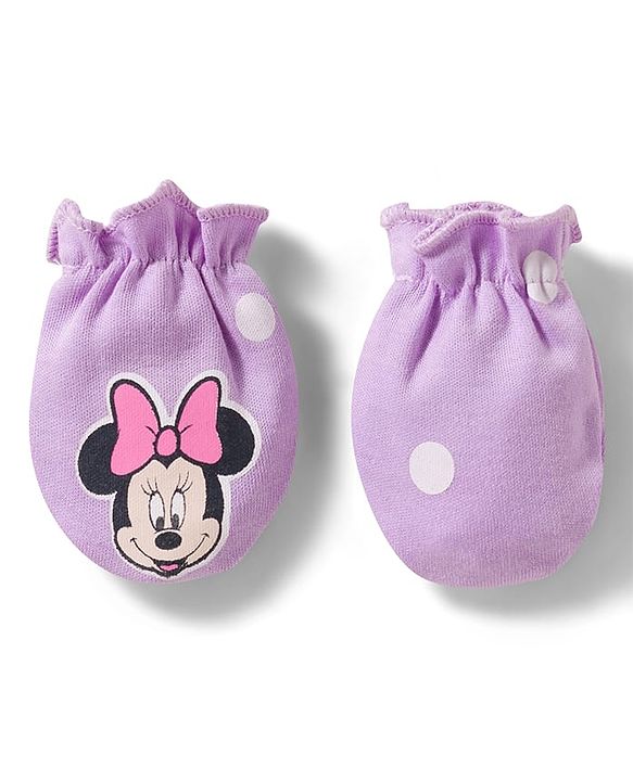 Babyhug Disney Interlock Knit Cap Mittens & Booties Set With Minnie Mouse Print Lavender - Diameter 15 cm