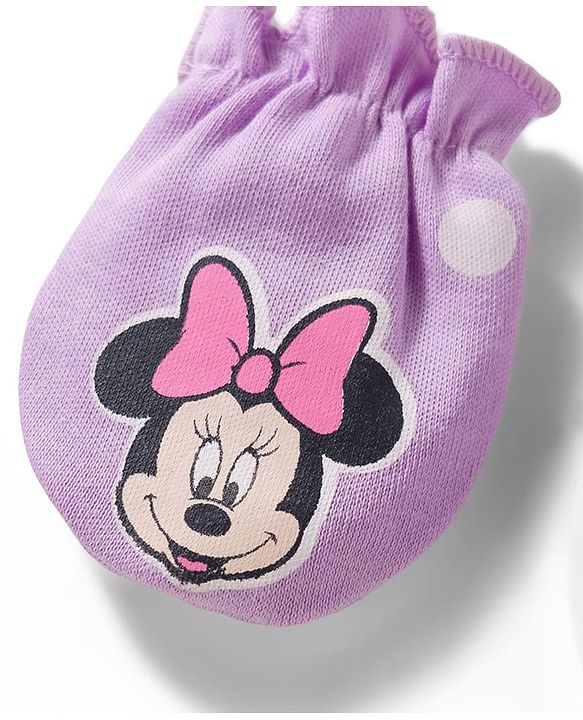 Babyhug Disney Interlock Knit Cap Mittens & Booties Set With Minnie Mouse Print Lavender - Diameter 15 cm