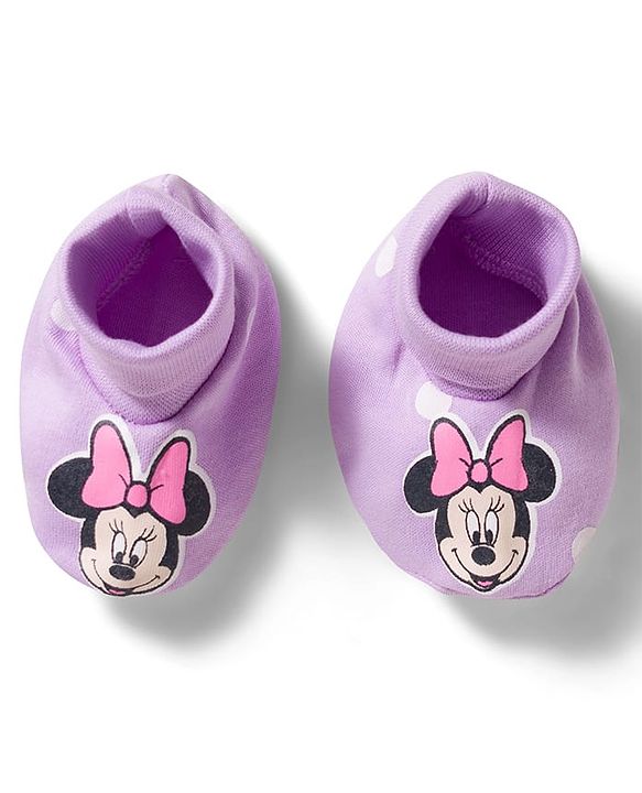 Babyhug Disney Interlock Knit Cap Mittens & Booties Set With Minnie Mouse Print Lavender - Diameter 15 cm