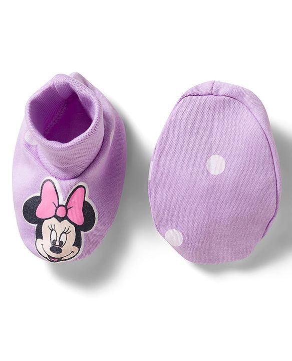 Babyhug Disney Interlock Knit Cap Mittens & Booties Set With Minnie Mouse Print Lavender - Diameter 15 cm