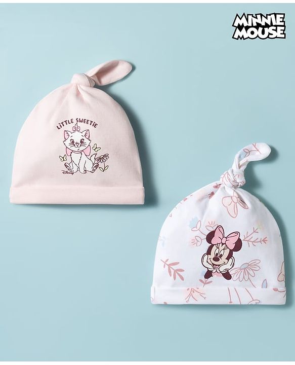 Babyhug Disney Interlock Knit Caps With Marie & Minnie Mouse Graphics Pack of 2 Multicolor - Diameter 10 cm