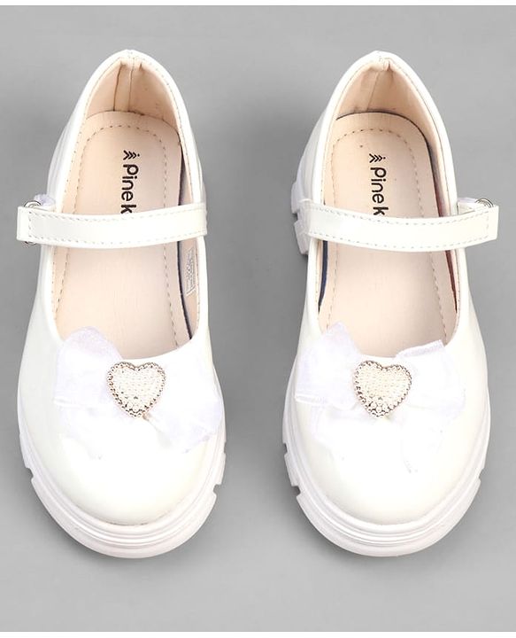 Pine Kids Velcro Closure Ballerina With Bow & Hearts Applique - White