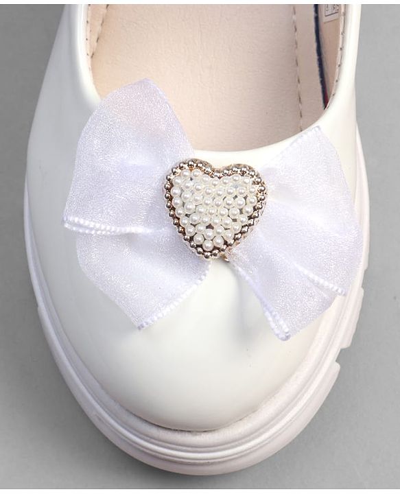 Pine Kids Velcro Closure Ballerina With Bow & Hearts Applique - White