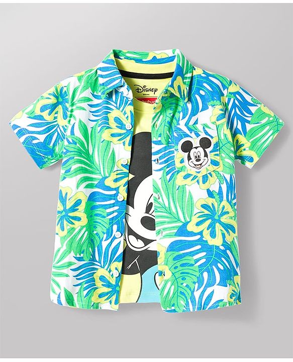 Babyhug Disney Single Jersey Knit Half Sleeves Co-ord Shirt & Shorts Set With T-Shirt & Mickey Mouse Graphics - Multicolor