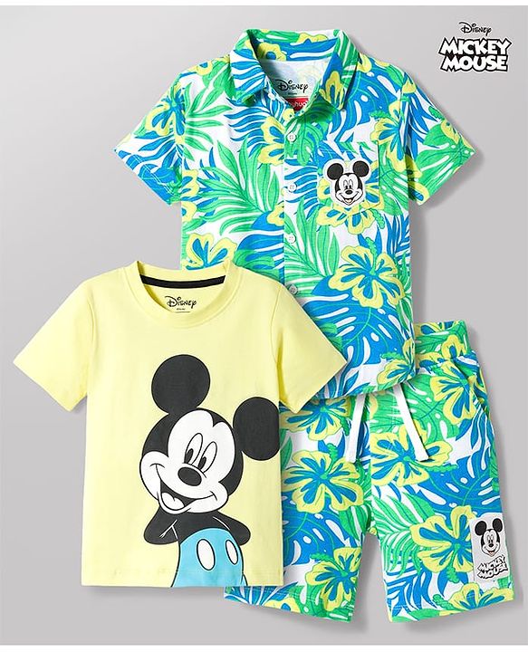 Babyhug Disney Single Jersey Knit Half Sleeves Co-ord Shirt & Shorts Set With T-Shirt & Mickey Mouse Graphics - Multicolor