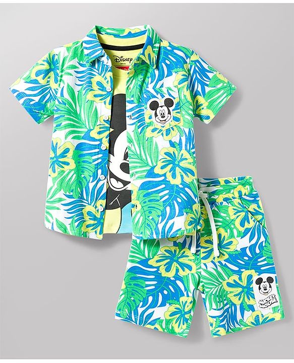 Babyhug Disney Single Jersey Knit Half Sleeves Co-ord Shirt & Shorts Set With T-Shirt & Mickey Mouse Graphics - Multicolor