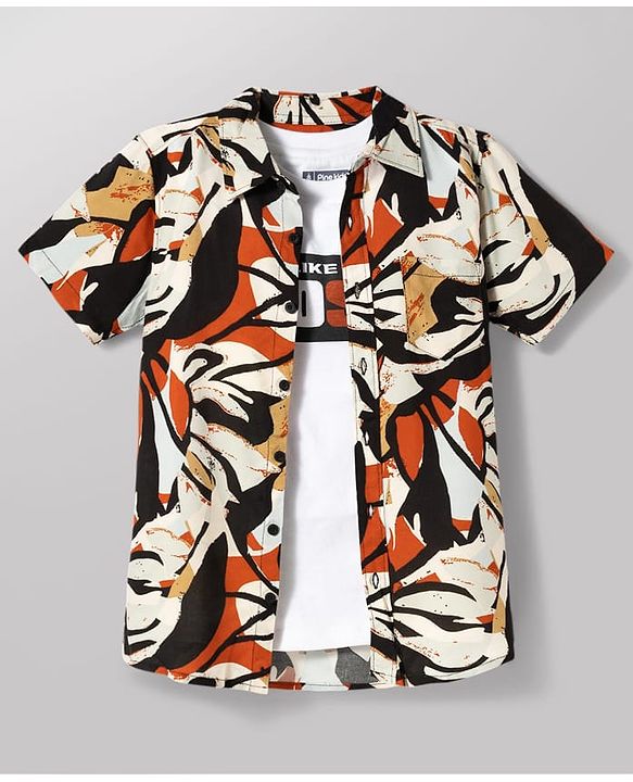 Pine Kids Cotton Woven Half Sleeves Printed Shirt & Sleeveless T-Shirt With Text Print - Multicolor