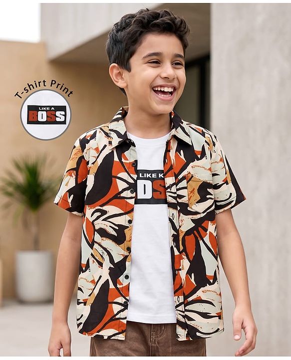Pine Kids Cotton Woven Half Sleeves Printed Shirt & Sleeveless T-Shirt With Text Print - Multicolor