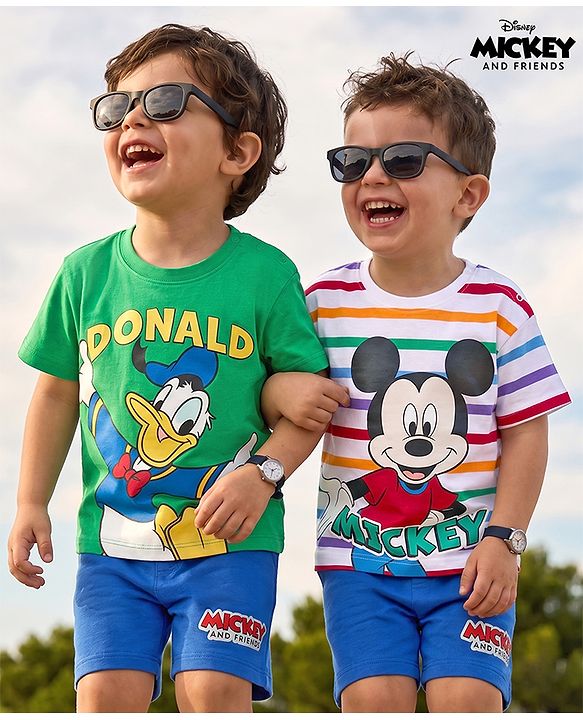 Babyhug Disney Single Jersey Knit Half Sleeves T-Shirts & Shorts Set with Mickey Mouse Graphics Pack of 2 -Multicolour
