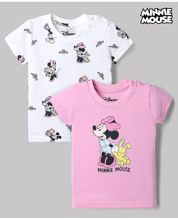 Babyhug Disney 100% Cotton Single Jersey Knit Half Sleeves Tshirts With Minnie Mouse Print Pack Of 2 - Pink & White